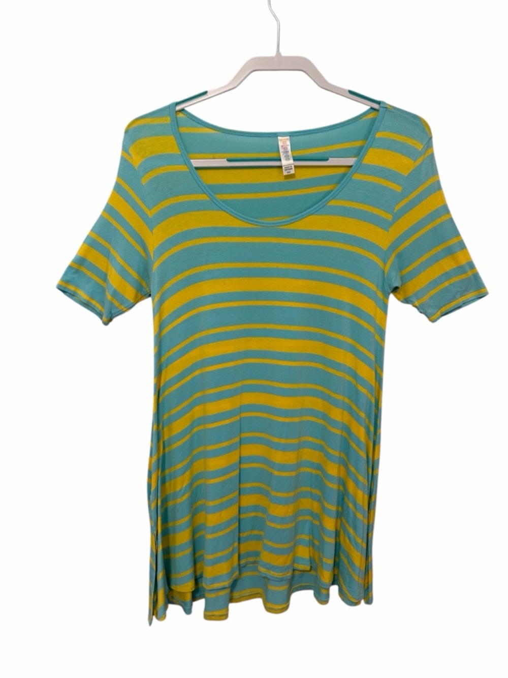 LuLaRoe Blue Yellow Striped Scoop Neck Shirt Dress Flowy Size XXS